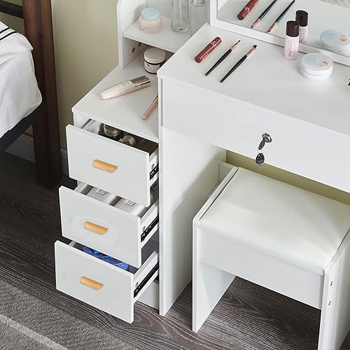 Miniatura 6 de JBLCC Mesa de tocador de maquillaje con luces y espejo deslizante, 4 cajones y estantes y taburete acolchado, mesa de tocador con estantes de
