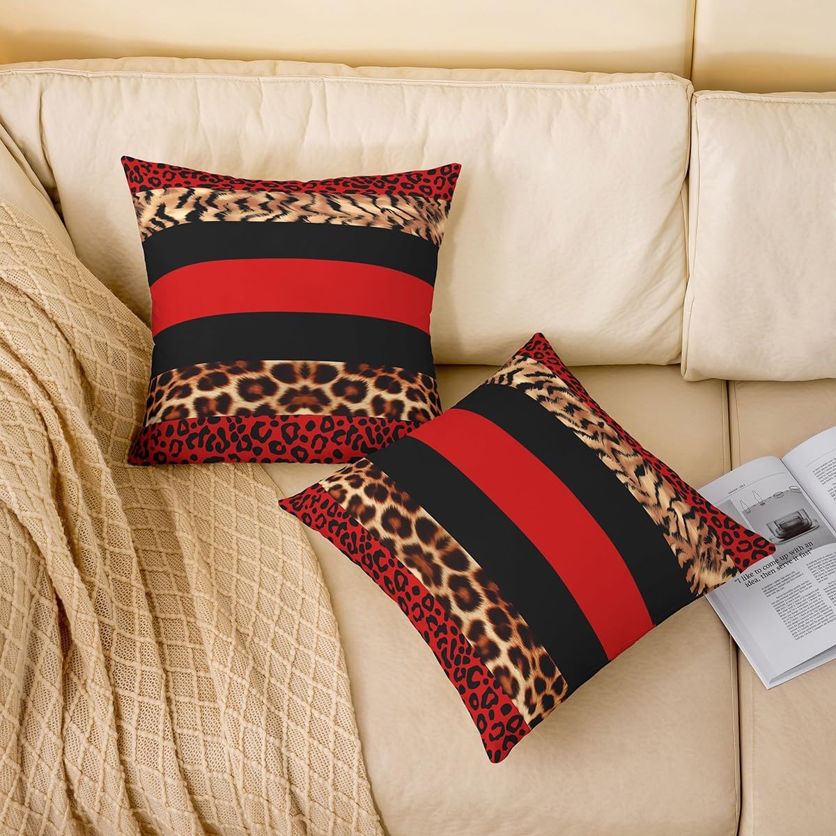 Feelyou Leopard Square Cushion Covers Set of 2 Boys Girls 20 x 20-Inch Fur Print Red Black Reversible Throw Pillow Covers for Kids Safari Pillow Covers Home Decor Animal Room Decor