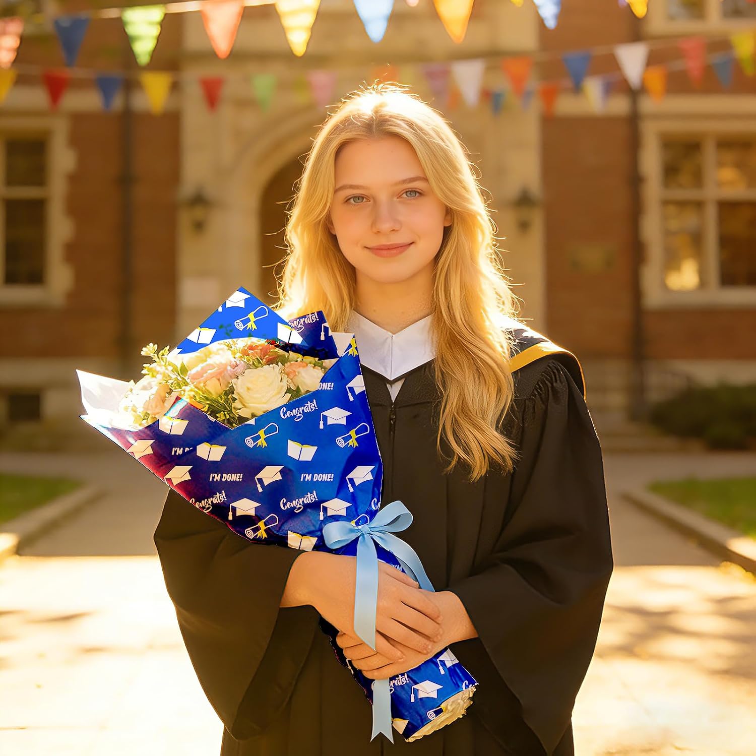 Ywdbzjhs 1 Roll 2026 Graduation Wrapping Paper Roll - Mini Roll - 17 In x 33 Ft - Graduate Cap Diploma Scroll Book Patterns Gift Wrap Paper for 2026 Graduation Party Supplies (Blue&Gold) image 5