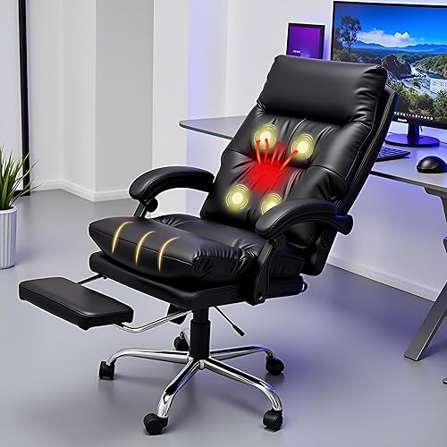 Miniatura 11 de HOMREST Silla de oficina de masaje de 4 puntos, sillas ejecutivas de calefacción con reposapiés, silla de oficina de cuero reclinable