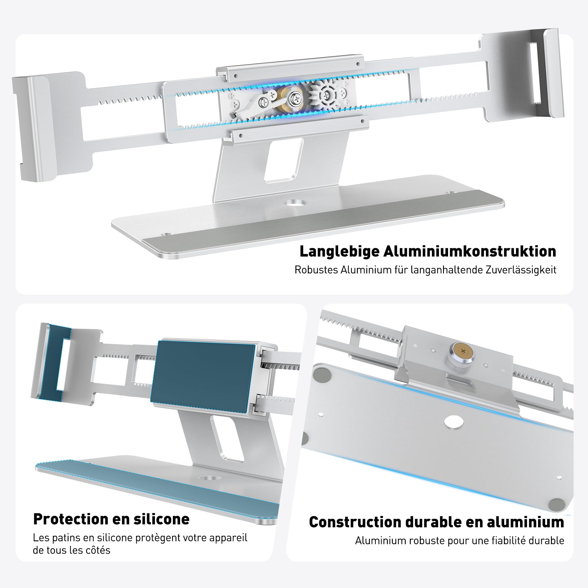AboveTEK Station de Verrouillage pour Ordinateur Portable, Verrou Sécurité Aluminium MacBook, Anti-Vol pour Ordinateurs sans Fente 11"-17", Base Anti-Dérapante Espaces Publics-Argent