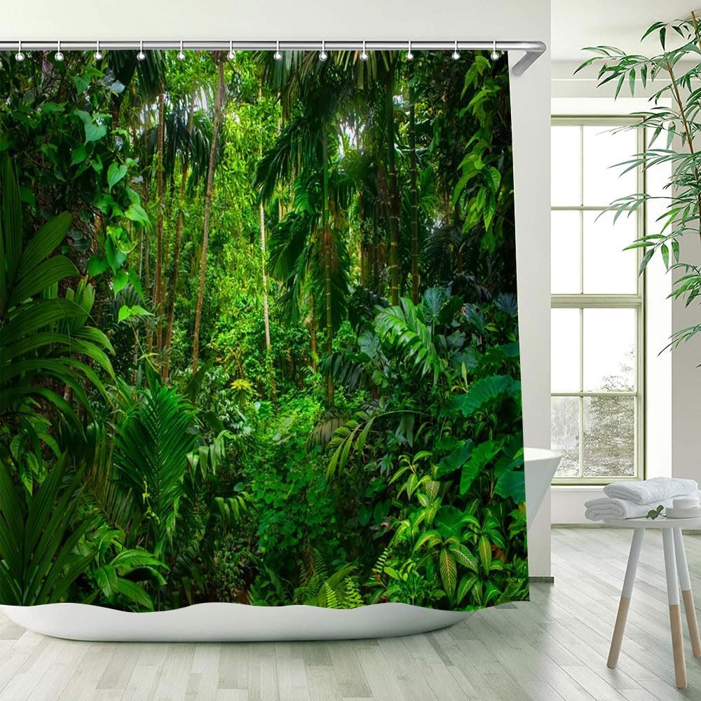 Tropical Rainforest Shower Curtain Green Forest Jungle Plant Palm Leaves Landscape Sunlight Outdoor Bathroom Decor Fabric Curtains with Hook 70Wx80H Inches