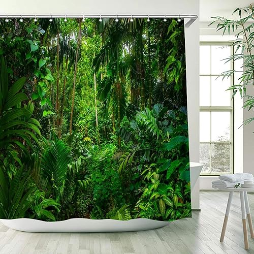 Miniatura 2 de WUASDCS Cortina de ducha de bosque tropical, bosque verde, hojas de palma, paisaje, luz solar, decoración de baño al aire libre, cortinas de tela