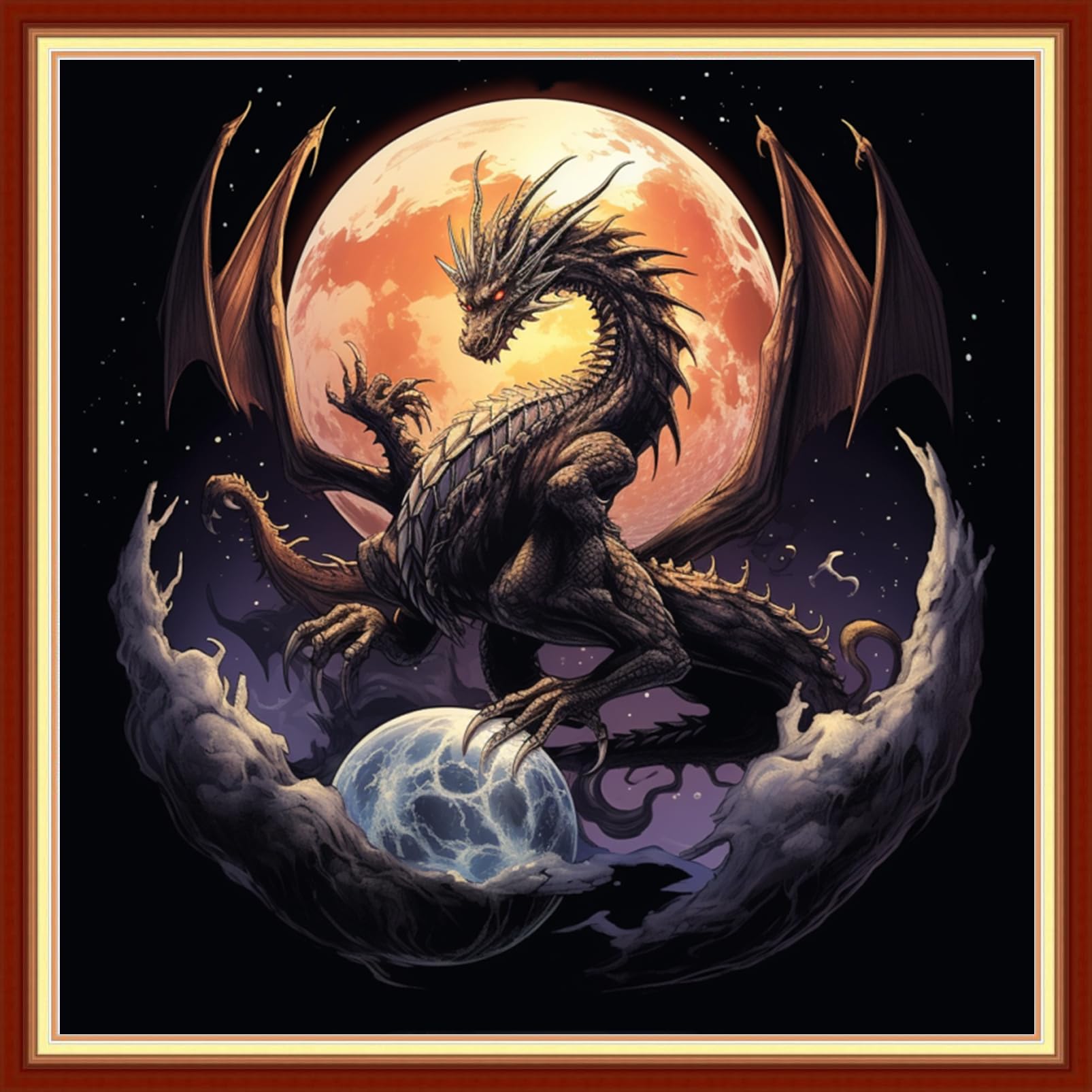 DMCVIVR Stamped Cross Stitch Kits for Beginners Adults Needlepoint Kits for Beginners Embroidery Kits for Adults Crossstitch Kit for Beginners 11CT-Moon Dragon 18x18 inchs