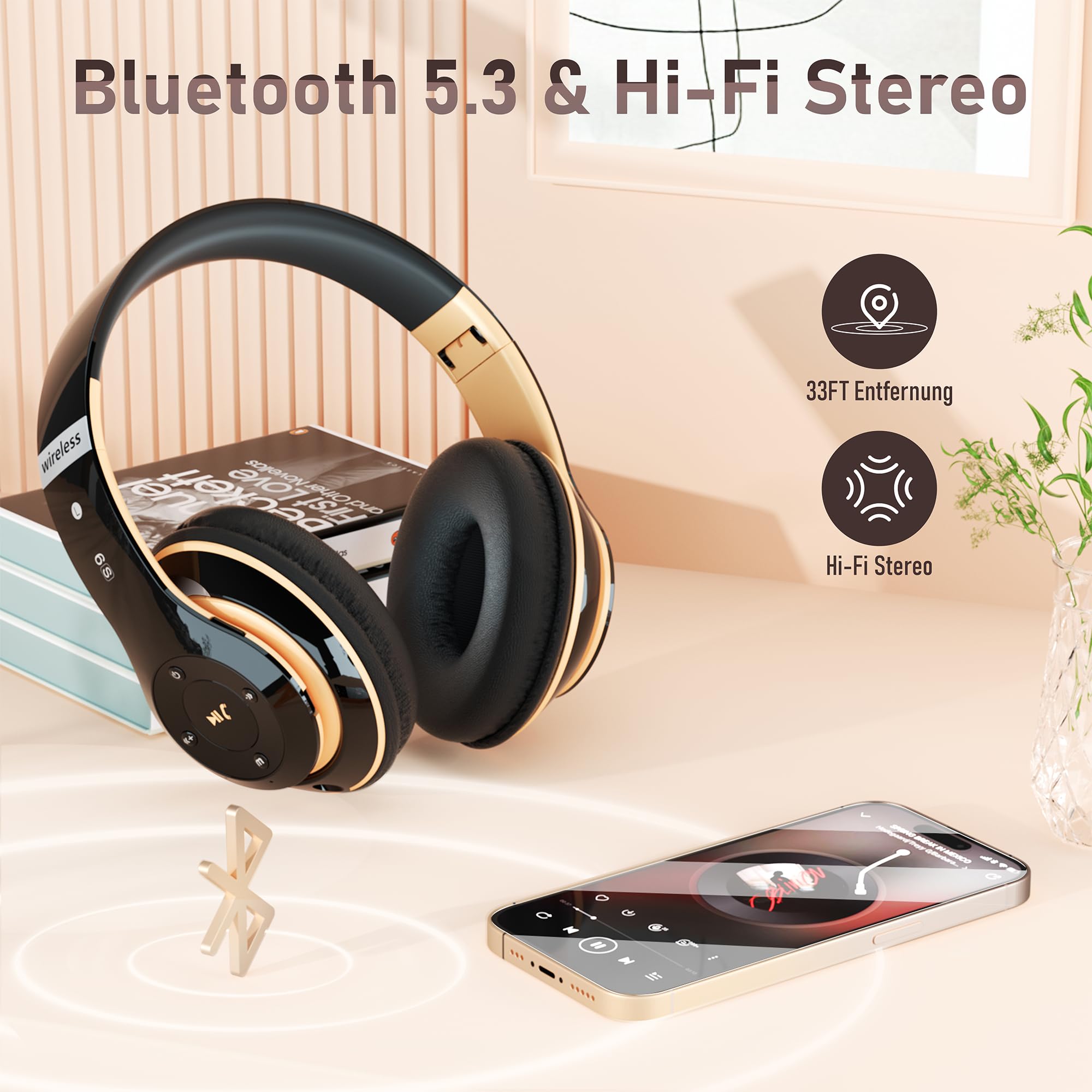 Cuffie wireless con 6 modalità EQ, cuffie Bluetooth, 65 ore, over-ear, con microfono HD integrato, FM, SD/TF per esterni, trasporto, viaggi, studio