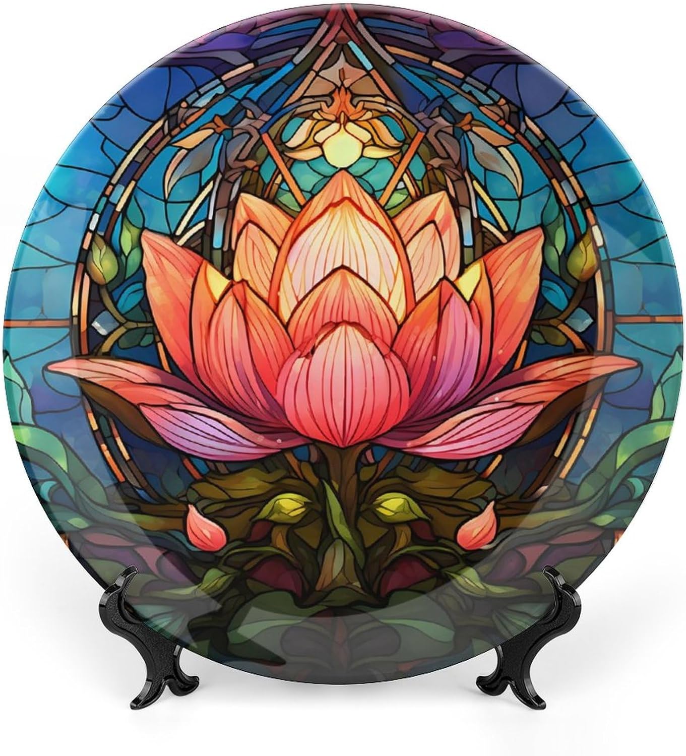 Decorative Plates, Pink Flower Abstract Stained Glass Design Display Plate for Home Office Kitchen Table Decor Porcelain Plates 8 Inch, Gifts for Lotus Lover