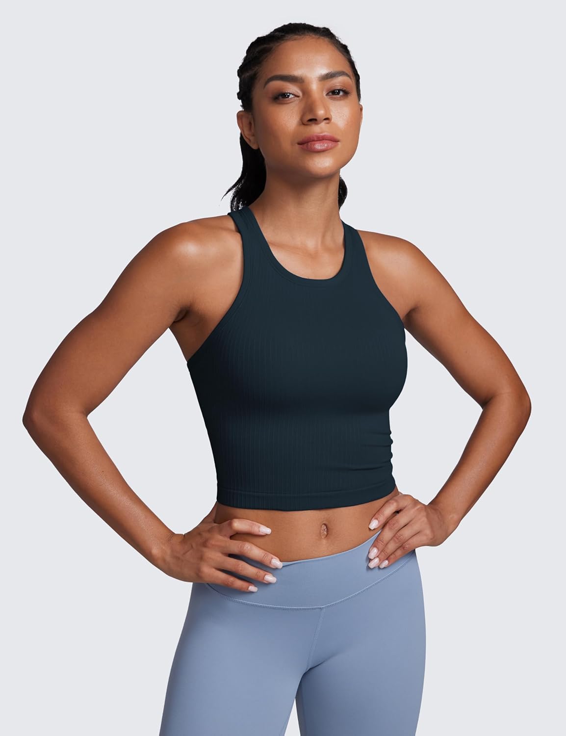 CRZ YOGA Seamless Ribbed High Neck Crop Tank Tops for Women - Longline Racerback Padded Sports Bras - Image 2