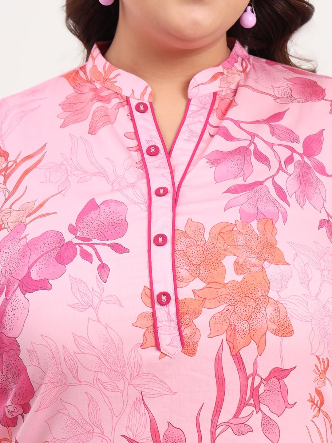 Tissu Women's Plus Size Cotton Satin Pink Floral Printed Kurta with Palazzo
