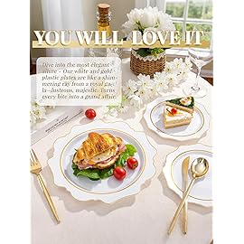 WDF 100PCS White and Gold Plastic Plates - Gold Disposable Plates - Include 50 Dinner & 50 Dessert Plate for Party - Heavy Duty Fancy Plastic Plate for Wedding/Thanksgiving/Bridal shower