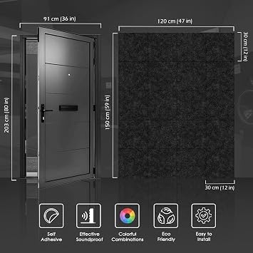 Arrowzoom Door Kit PRO, 20 Black Self-Adhesive Acoustic Foam Panels | 20 black 12 x 12 x 0.78 in high-density acoustic foam panels with self-adhesive backing for doors and echo control.
