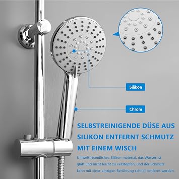 KOMIRO Shower System without Fittings Rain Shower without Fitting Shower Rail Set Shower Column Set with Rain Shower Head and 5 Jet Types Hand Shower Round Chrome
