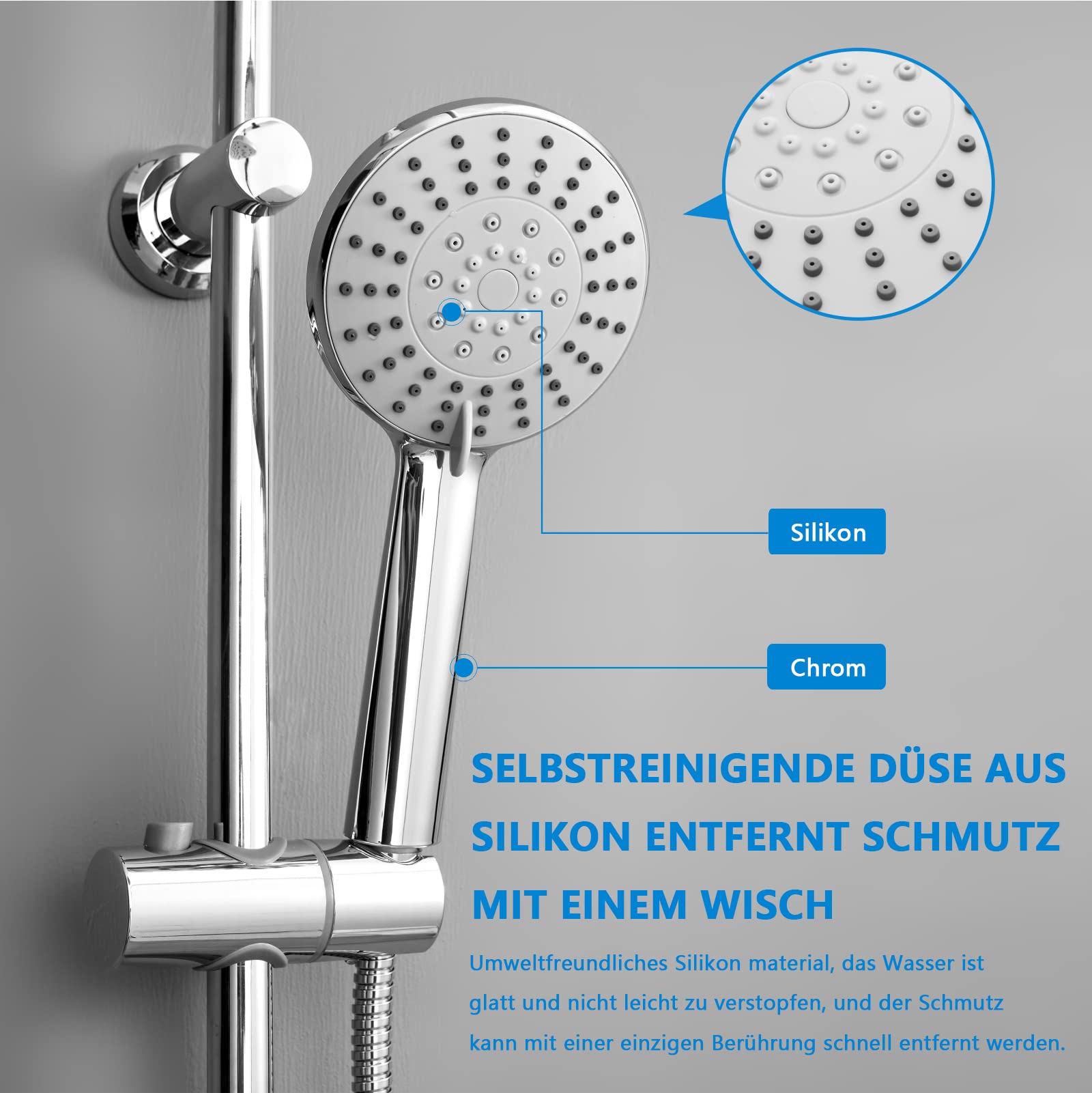 KOMIRO Duschsystem ohne Armatur, Regendusche ohne armatur Duschstangeset Duschsäule Set Duschset mit Regendusche Kopfbrause und 5 Strahlarten Handbrause, Runde, Chrom