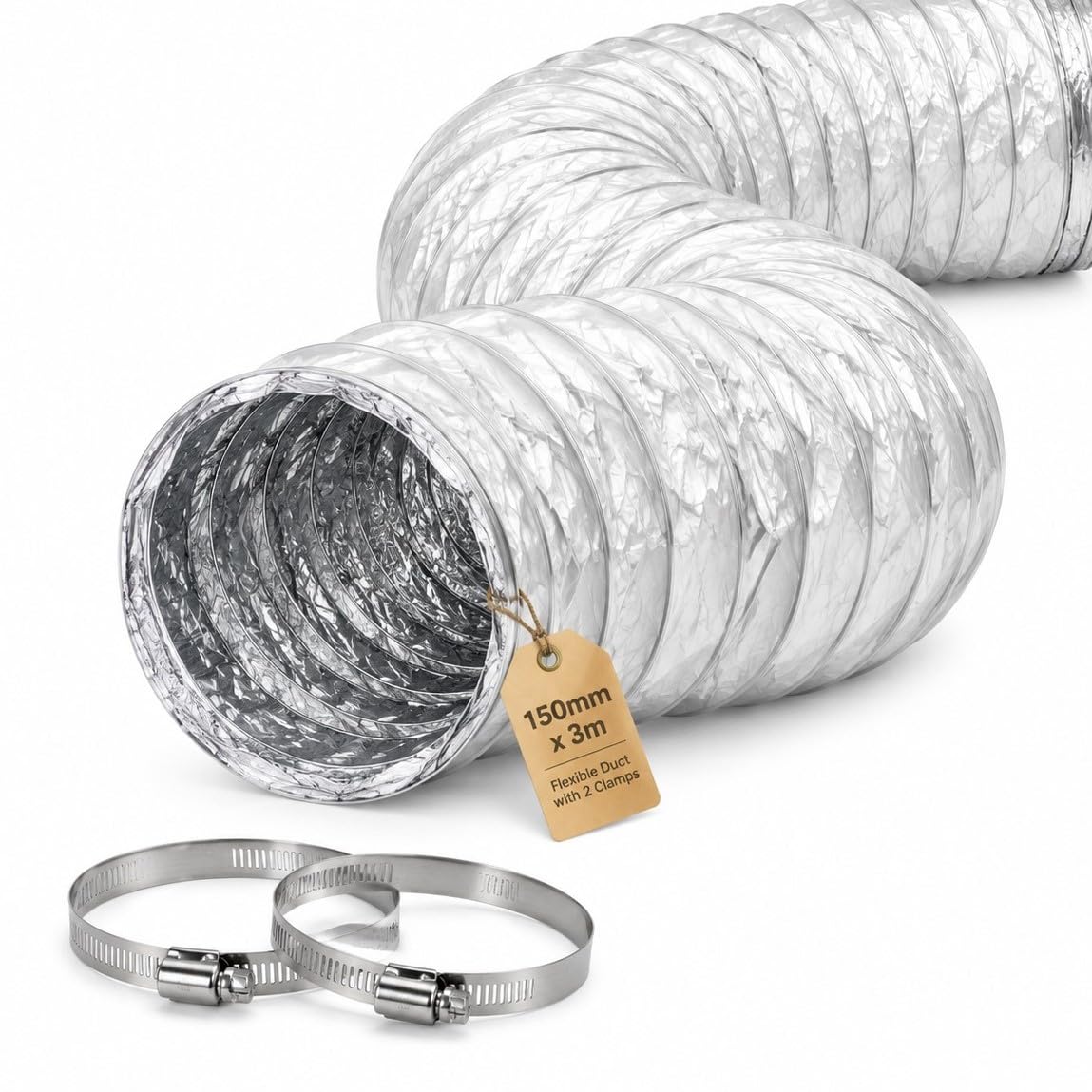 150mm Ducting 3m Flexible Aluminium Vent Hose with 2 Clamps