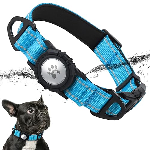 TagME Airtag Dog Collar,Waterproof Reflective Pet Collar with Airtag Holder,Soft Padded and Double D-Rings for Small Dogs,Light Blue