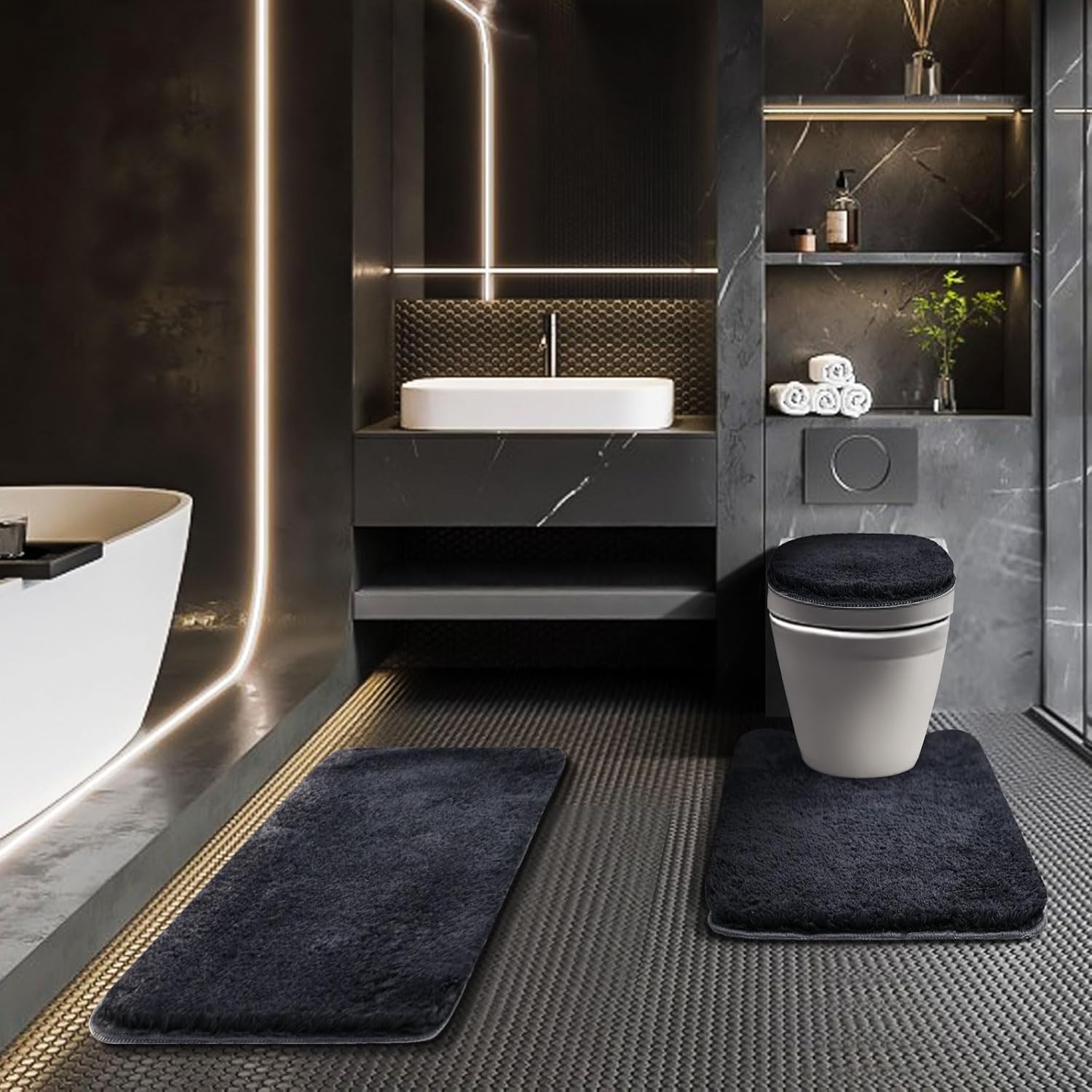 Dark Grey Bathroom Sets with Shower Curtain and Rugs Waterproof Shower Curtain Sets 1 Piece and Soft Bathroom Rugs Sets 3 Piece for Luxury Bathroom Decor Set