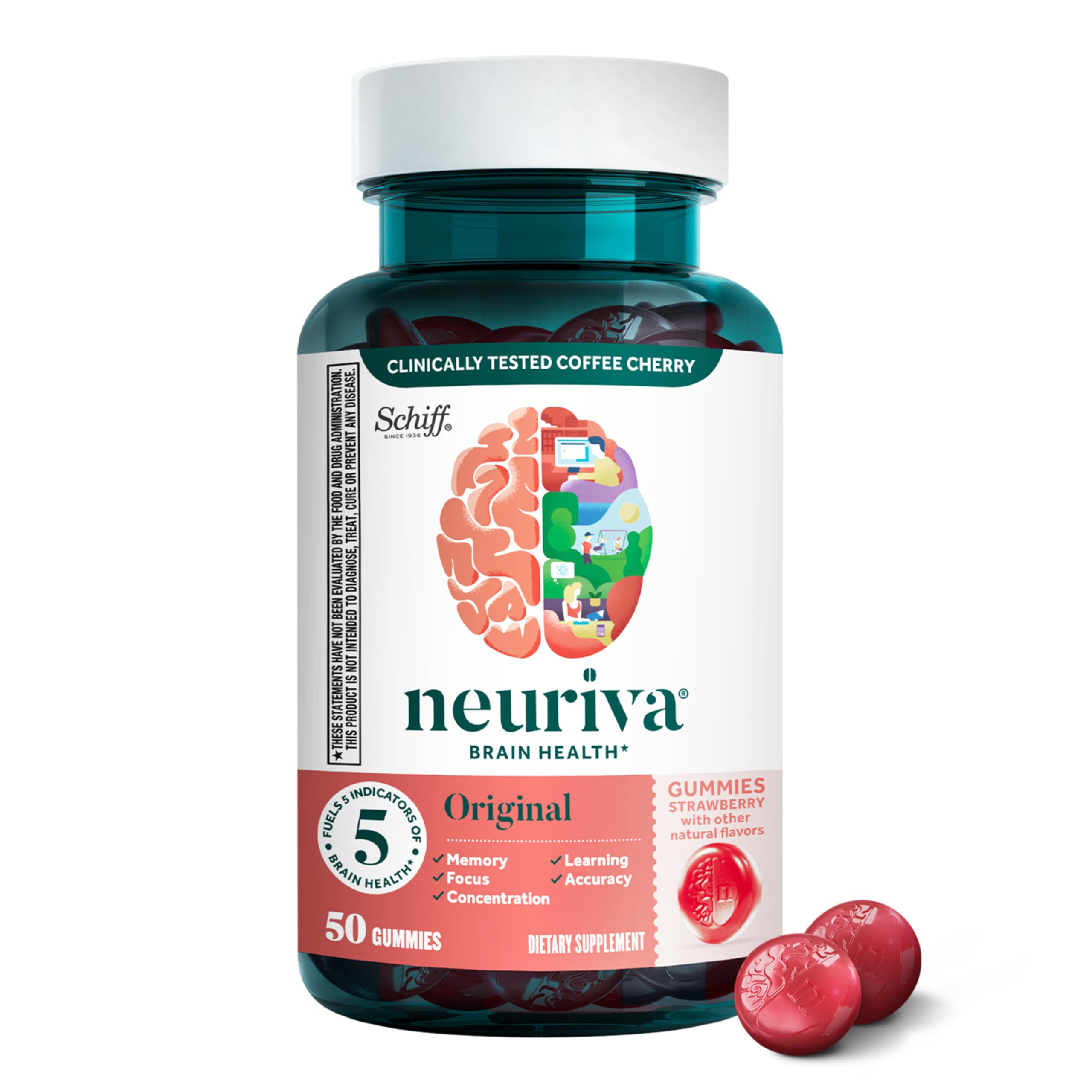 NEURIVA Original Brain Supplements - 50 Count Strawberry Gummies