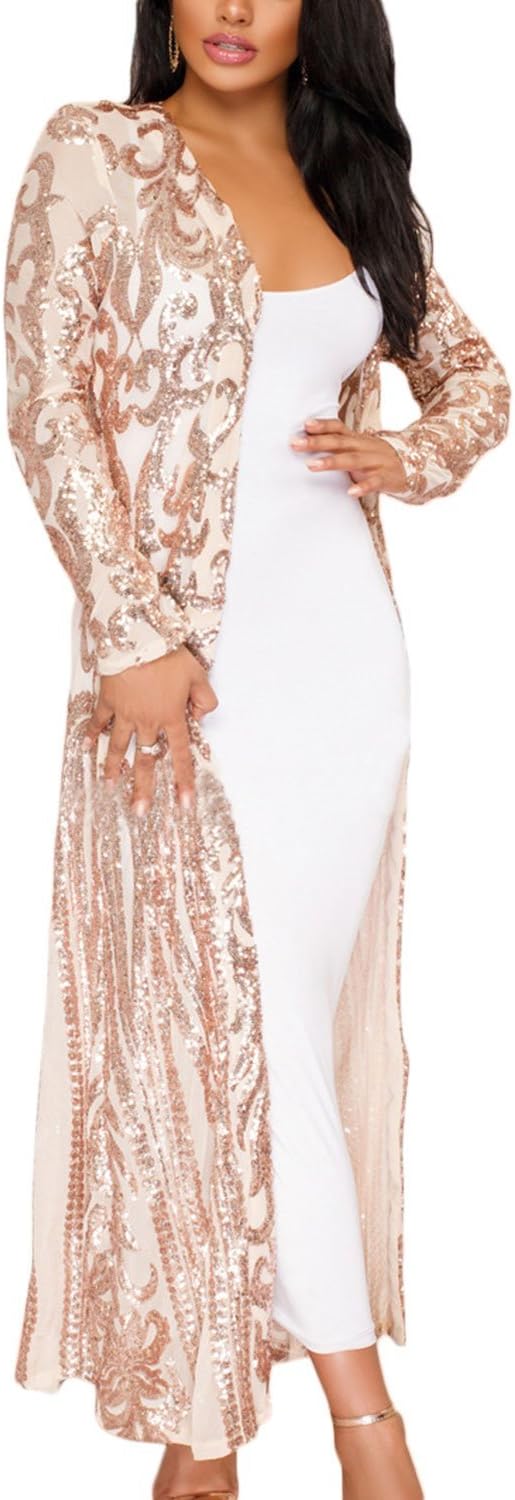 Yulinge Women Sequins Outwear Sheer Ankle Length Cardigan Jacket