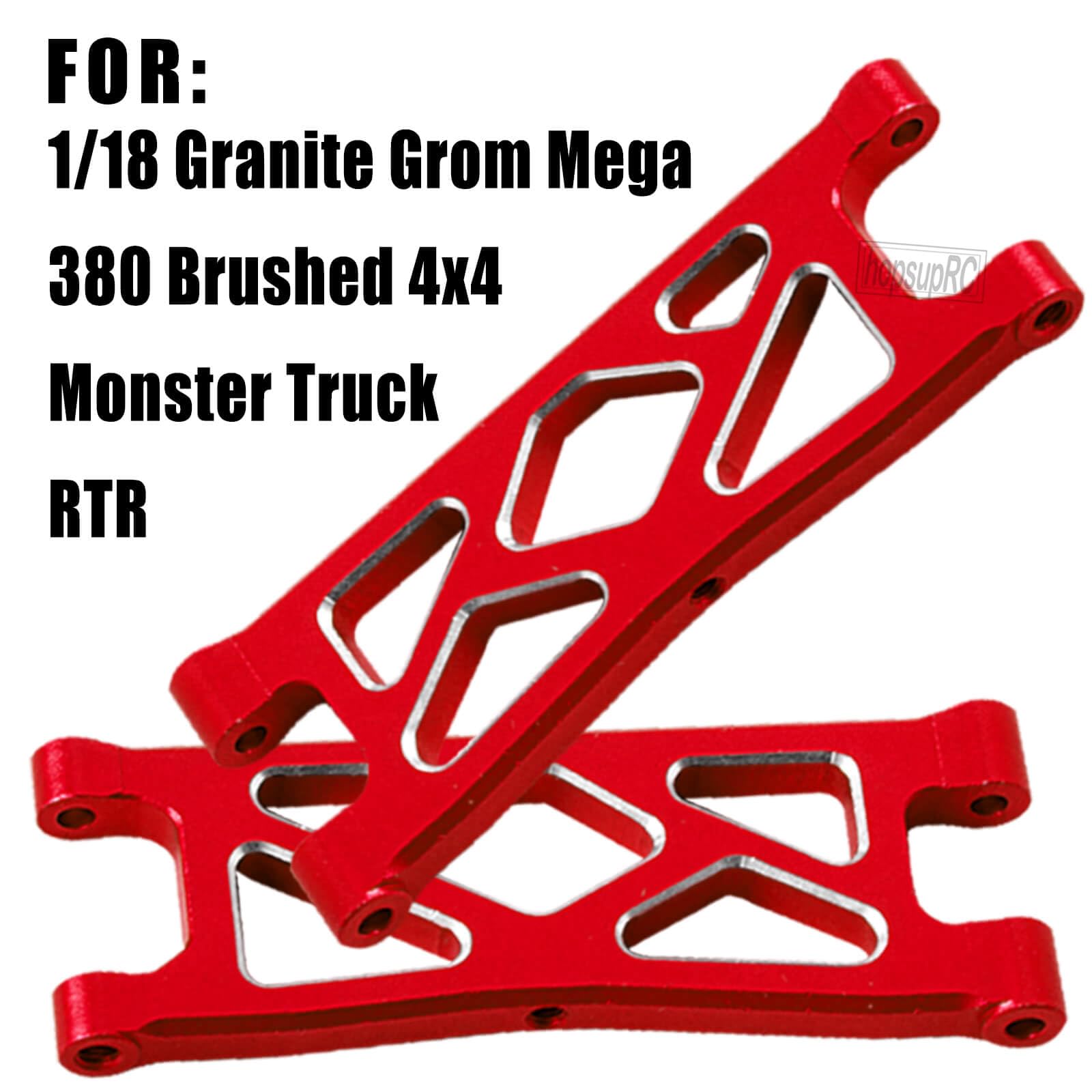 hopsupRC RC Alloy Front Rear Suspension A Arms Upgrades Part for 1/18 Granite Grom Mega 380 Brushed 4x4 Monster Truck RTR, Aluminum Front Rear A Arms Hops Up,Red(8PCS)