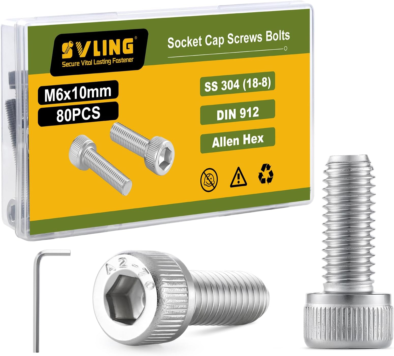 M6-1.0 x 10mm Bolt, 80PCS M6 Hex Socket Head Cap Screws Bolts, 304 Stainless Steel 18-8, Full Threads, Allen Socket Drive, with Hex Spanner