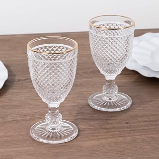 Efavormart 6 Pack Clear Gold Rimmed Vintage Wine Glasses with Embossed Diamond Pattern, 8oz Crystal Water Goblet Short Stem Cocktail Glasses - 6"