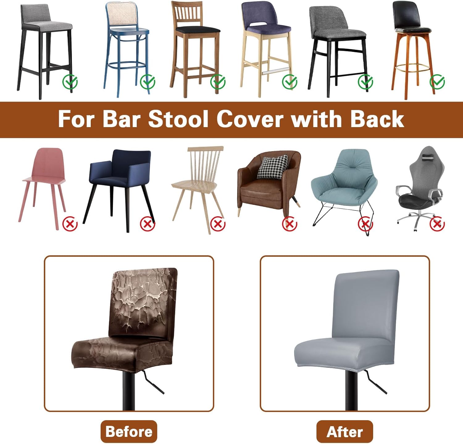 PU Leather Bar Stool Covers with Backs, 4 Pack Stretch Waterproof Bar Stool Chair Covers Washable & Comfortable Barstool Covers Slipcovers with Back for Pub/Counter/Dining Room Decoration (Grey)