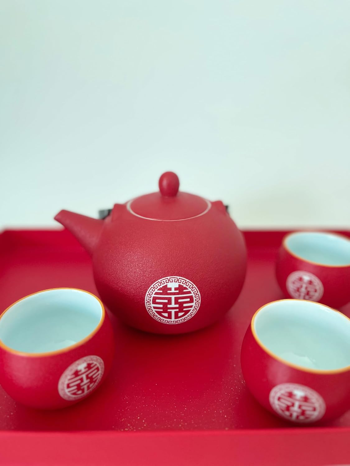 Red Chinese Wedding Tea Set - Traditional Ceramic Double Happiness Tea Ceremony Set with 1 Teapot, 8 Teacups, Gift Box - Chinese Tea Set for Engagements, Bridal Showers and Couples' Gifts
