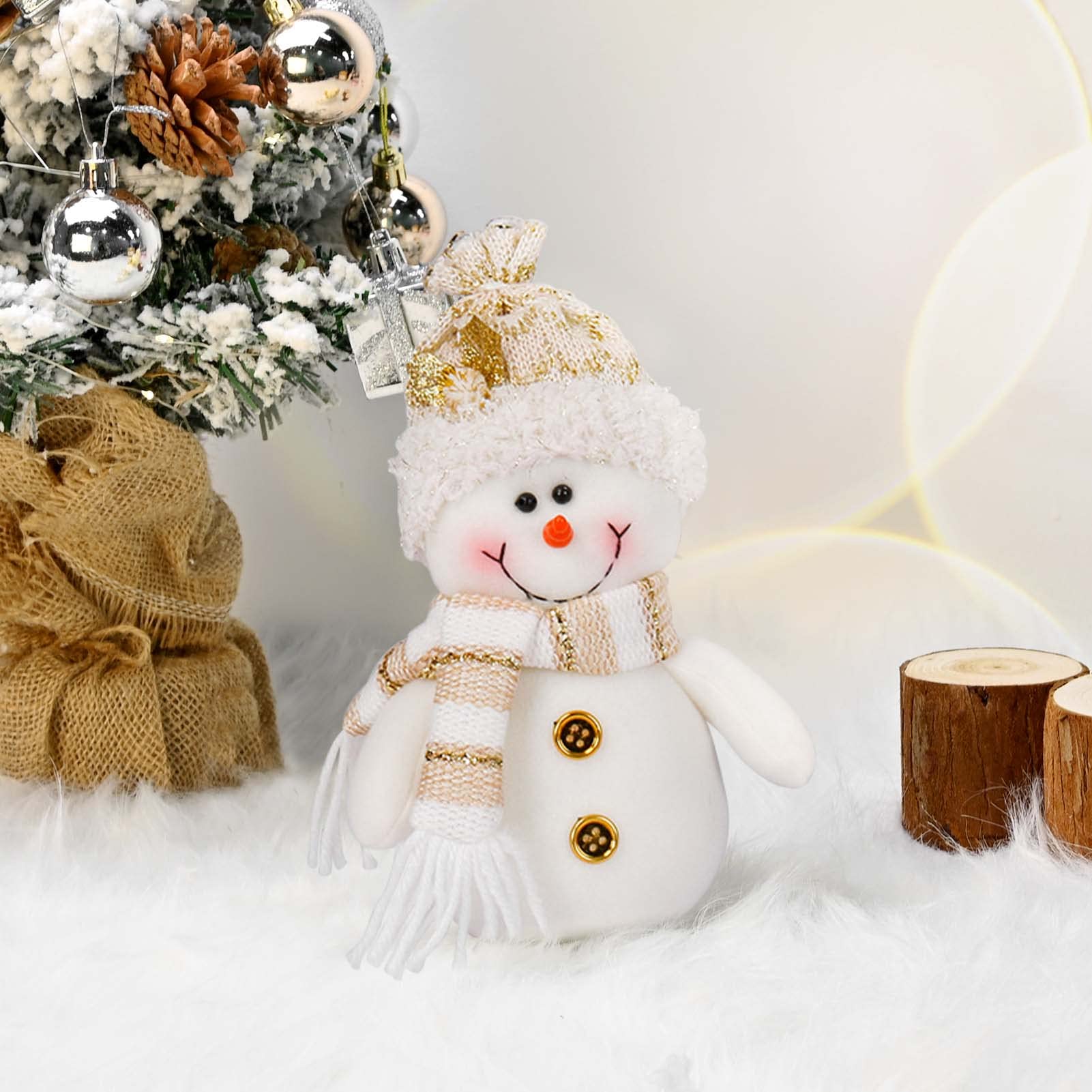Christmas Winter Decorations, Snowman Plush Doll Ornaments, Handmade White & Gold Snowman Figurines Christmas Tree Ornaments for Xmas Party Festival Home Indoor Table Gift