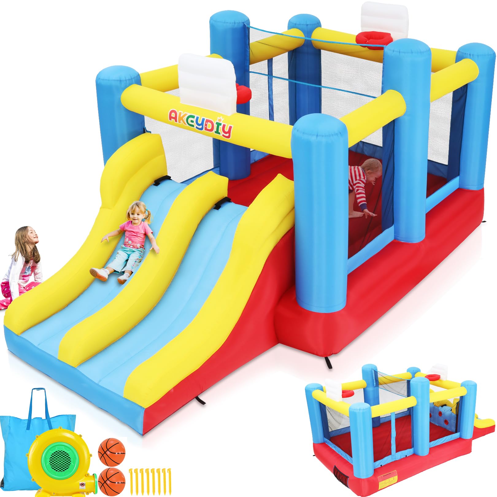 Big Bounce House for Kids 8-12 Girls/Boys Gifts, 15ft Ball Game Inflatables Bouncy House with Double Slide 3-12 Bouncy Castle with Blower, Jump House with Slide, Double Basketball Hoop