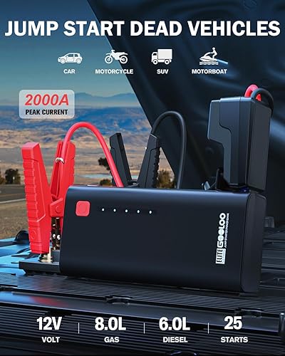 Miniatura 2 de GOOLOO Jump Starter GE1200 - Batería portátil de arranque de 2000 A para motor de gasolina de hasta 8.0L o 6.0L diésel con carga rápida USB y luz