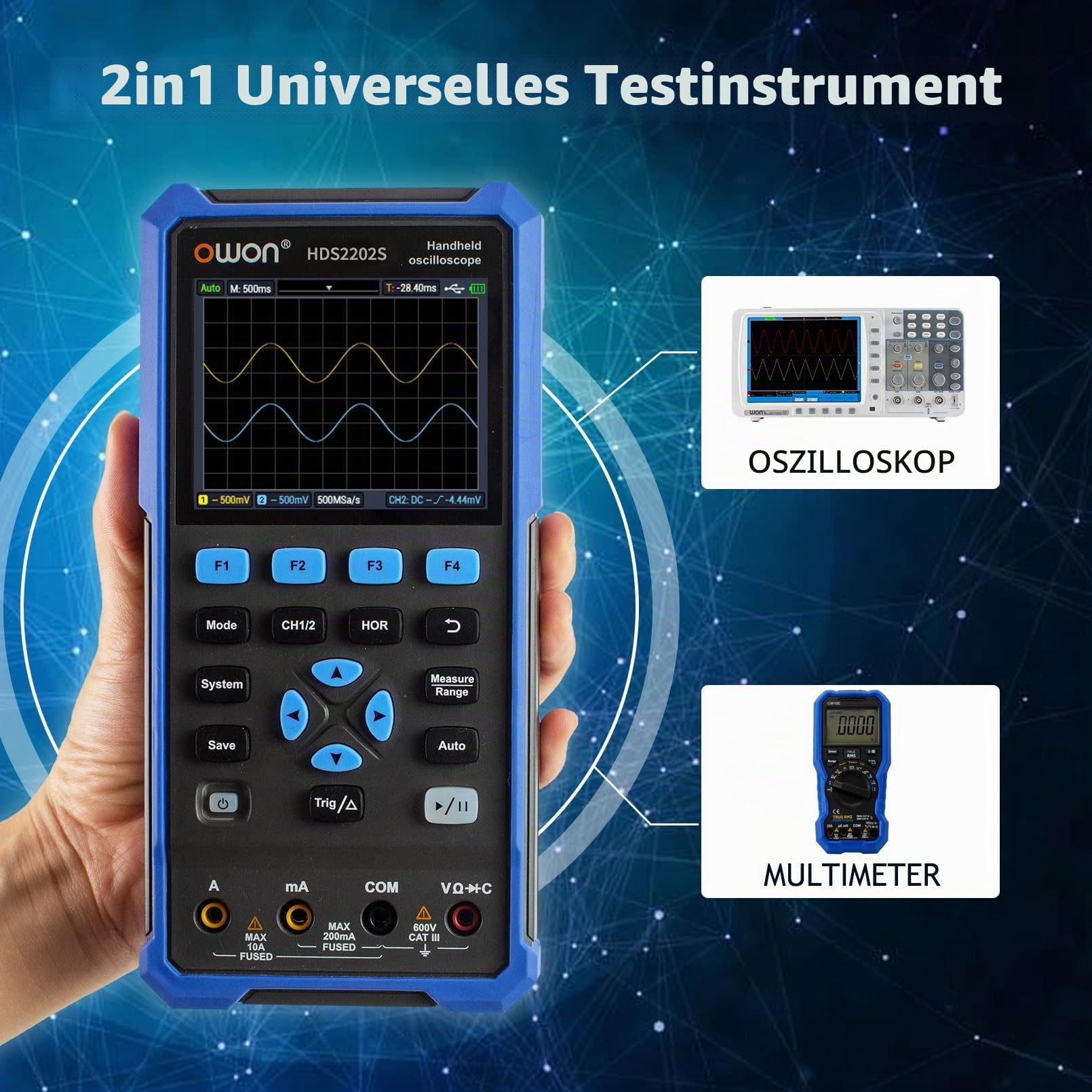 OWON HDS2202S Oszilloskop 3 in 1 200MHz Professionelles Handheld PC Oszilloskop, 20000 Counts Digitalmultimeter 3,5Zoll LCD Display Universal Testinstrument