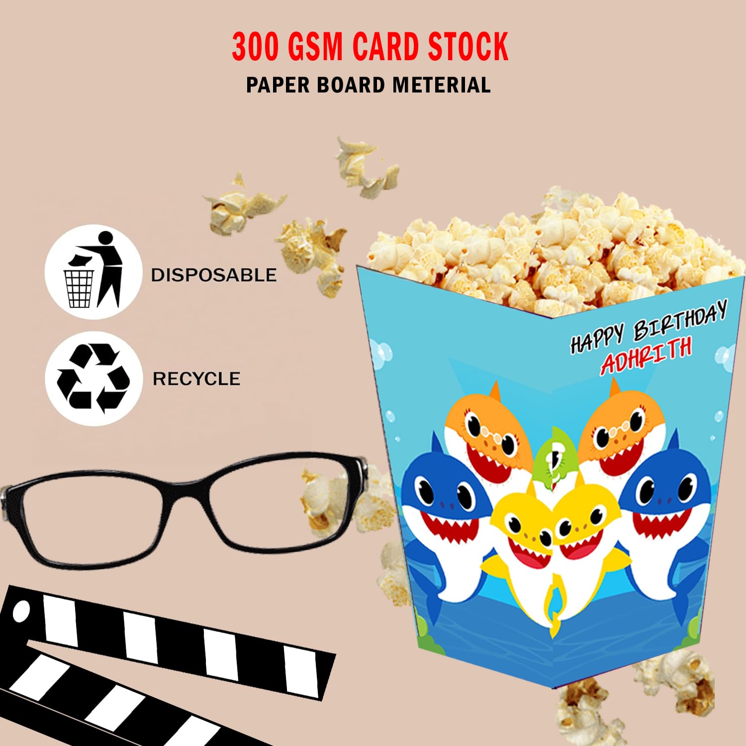 WoW Party Studio Personalized Shark Under Sea Theme Popcorn Holder/Cups, Sleeves, Material - 300 GSM thick Cardstock Paper, with Birthday Boy/Girl Name Printed - 10 Pcs 3