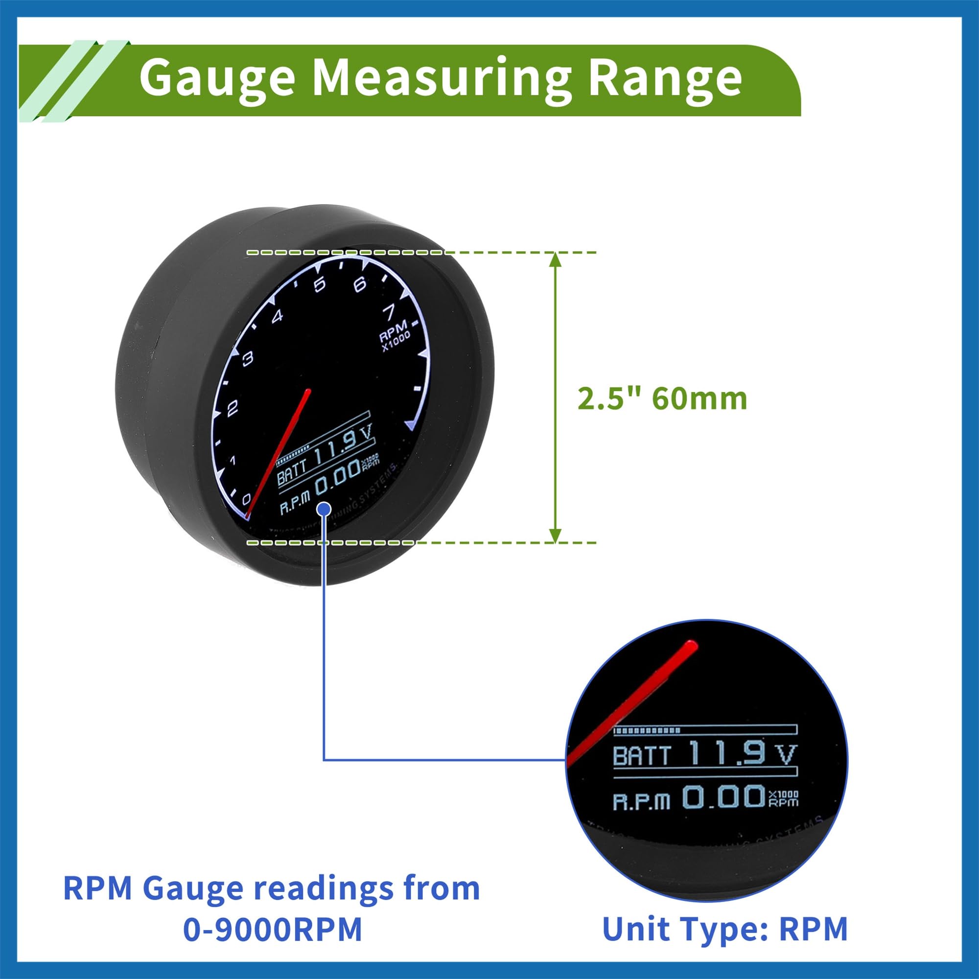 A ABSOPRO 2.5" 60mm Tachometer Gauge Colorful Pointer RPM Tachometer Tach Gauge 0-9000RPM W/Sensor and Bracket Universal Tachometer Car DC 12V Sostituzione dell'articolo