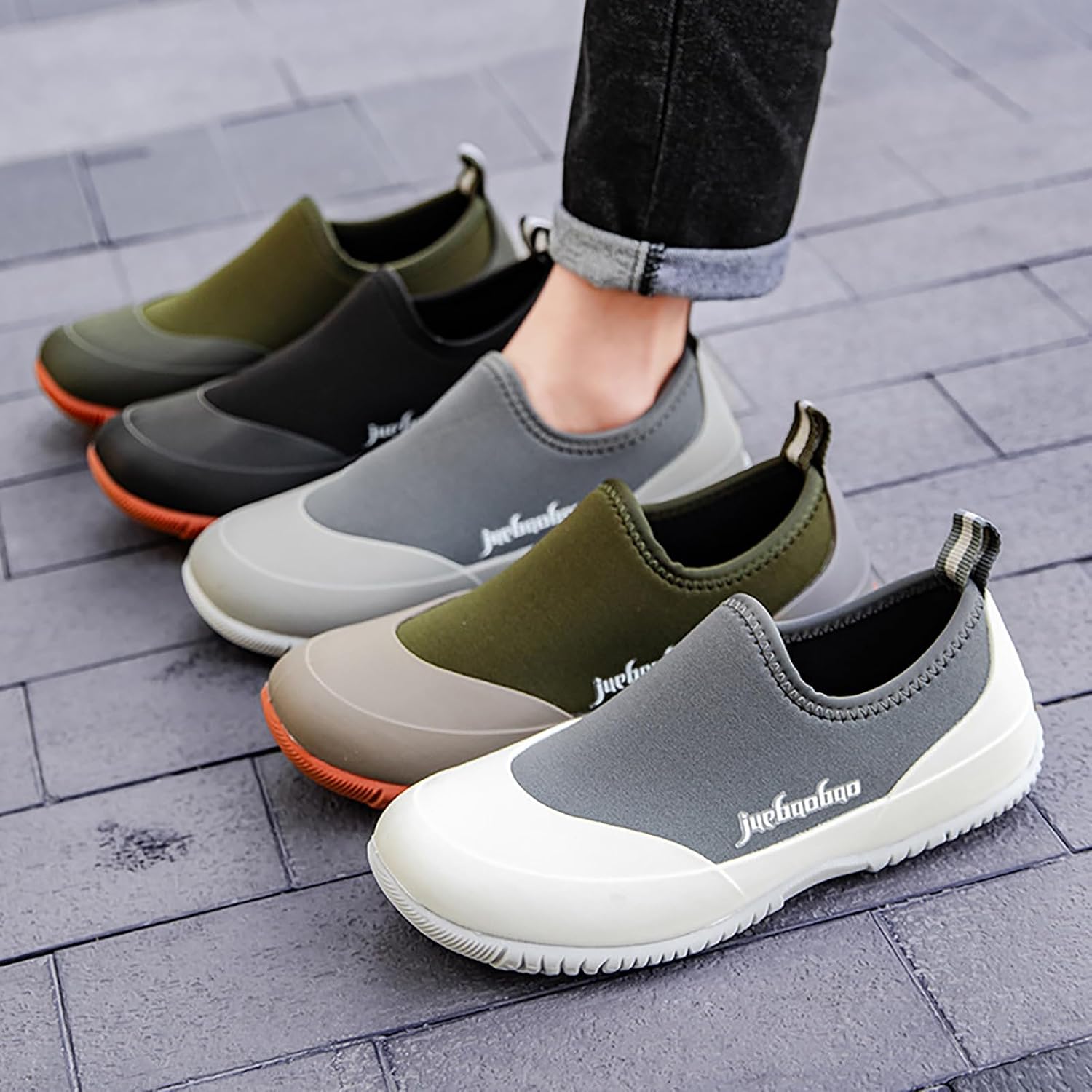 Men'S Waterproof Low-Top Rain Shoes Comfortable Slip-On Soft Non-Slip Deck Shoes For Fishing Camping Kitchen Work