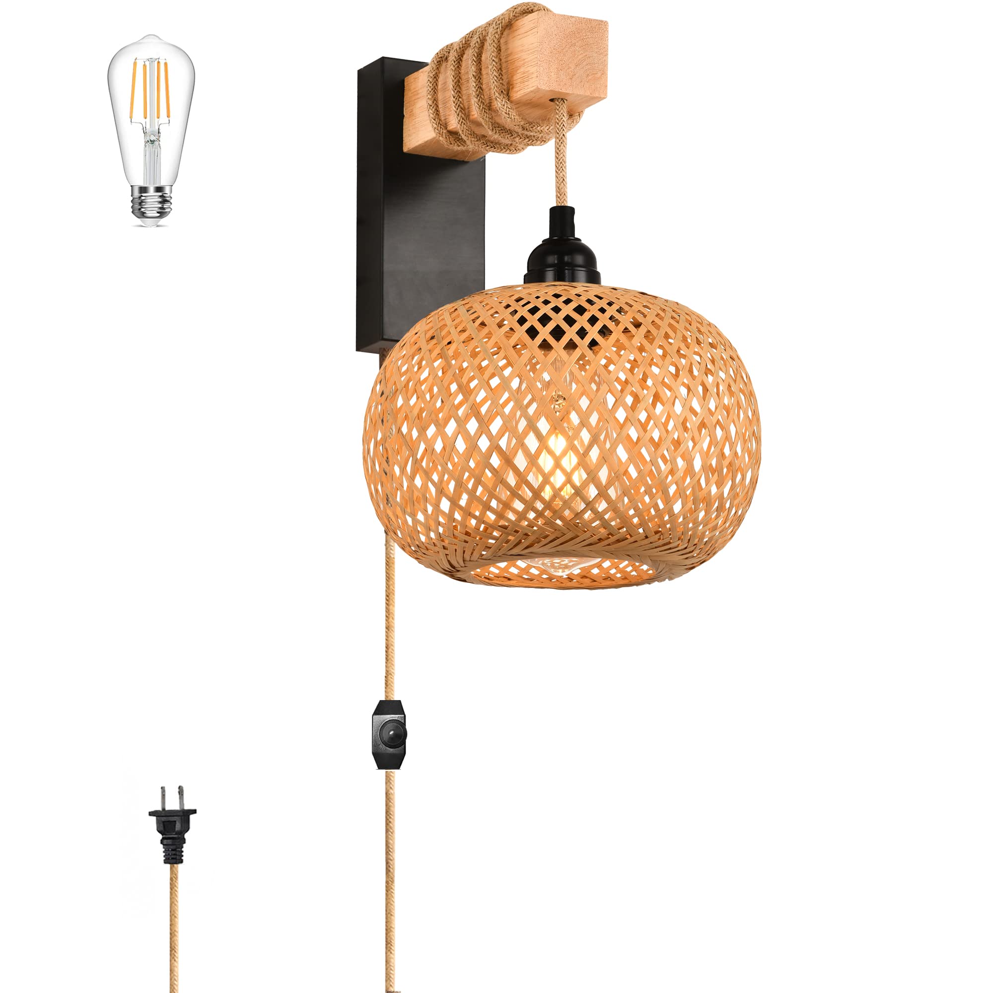 Plug in Wall Sconces,Rattan Bamboo Wall Sconce with Wood Arm and Dimmable Switch,Wall Lamp with Plug in Hemp Rope Cord,Wall Lmap for Bedroom Living Room,Rattan Wall Mounted Lamp,No Wiring Required
