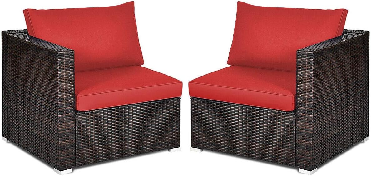 Red 2PCS Patio Corner Sofa Conversation Set Thick and Soft Cushion Wide Armrest Aluminum Foot Pads Steel Frame Durable Hand Woven Rattan Perfect for Backyard Balcony Terrace Poolside Use