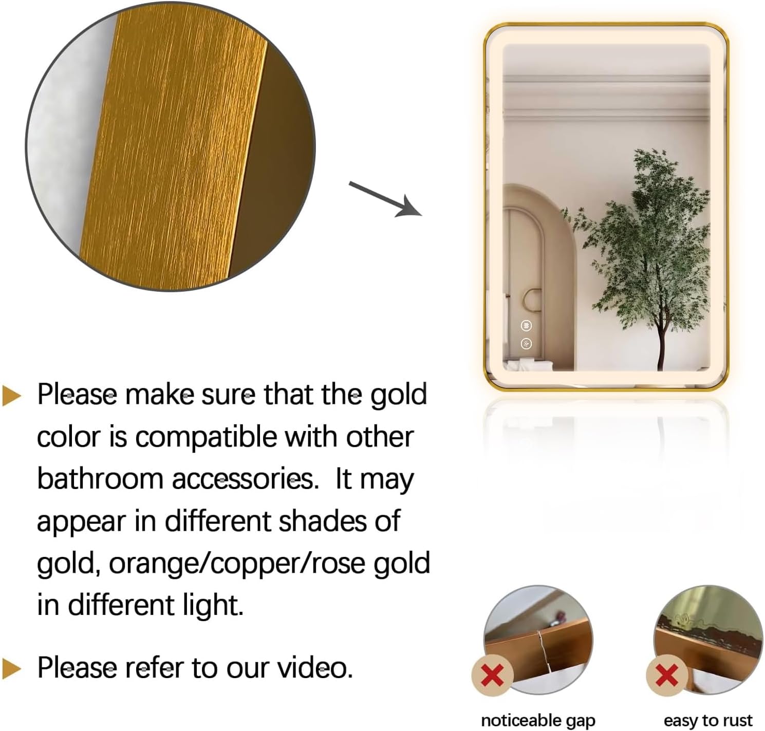 36"x24" Lighted Vanity Mirror with Lights, Gold Metal Frame Led Mirror for Bathroom, Anti-Fog Wall Mirror with Front and Backlit, Shatterproof, 3 Colors Stepless Dimmable, Horizontal/Vertical