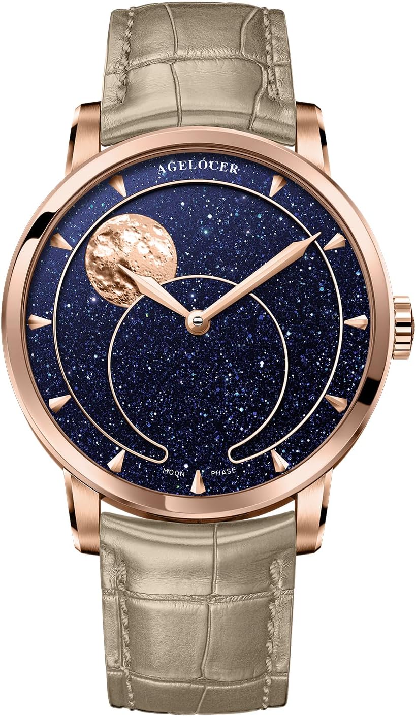 AGELOCER Moon Phase Watch Original Design, 29.51 Day Precise Moonphase, Automatic Mechanical Watches for Men, Luxury Waterproof Leather Strap Natural Blue Aventurine Dress Watch Mens Gift