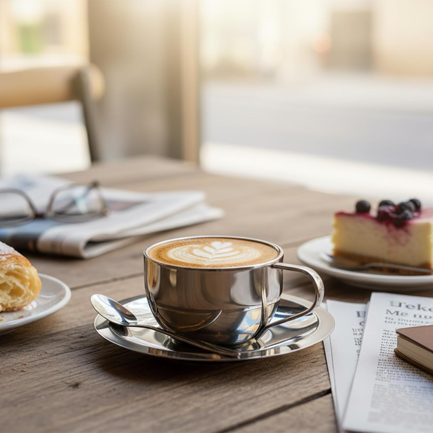 6 Pack Stainless Steel Coffee Cups Set, 6oz Insulated Espresso Cups with Spoon and Saucer, Double Walled Coffee Mugs for Latte, Tea, Milk, Cappuccino