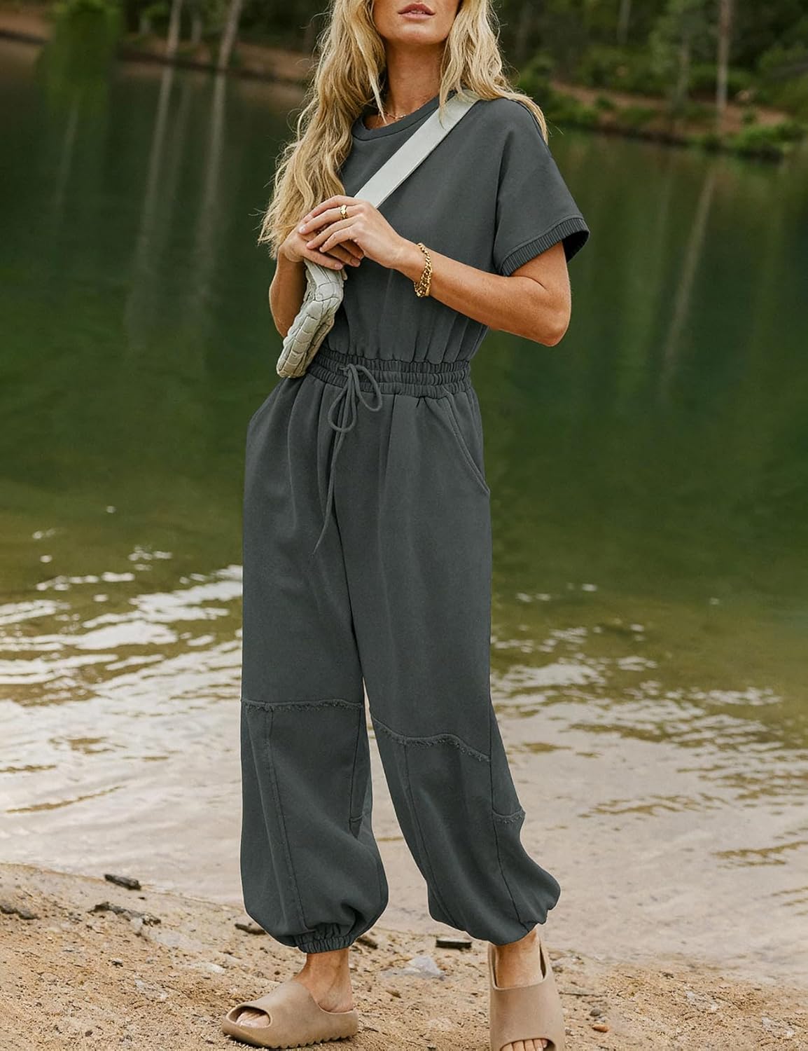 Flygo One Piece Jumpsuits for Women Crewneck Short Sleeve Casual Wide Leg Long Pants Drawstring Rompers Outfits with Pockets - Image 2