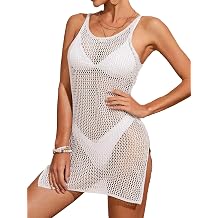 BreathSunny Womens Crochet Knit Spaghetti Strap Beach Coverup Mini Dress Summer 2026 Scoop Neck Slit Bathing Suit Cover Up