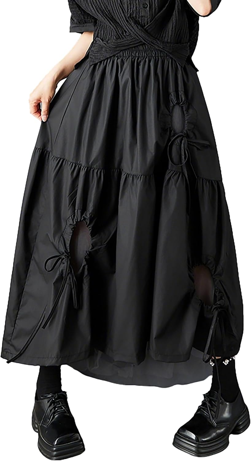 ellazhu Women’s Asymmetrical Midi Skirt Elastic Waist Hollow Out Mesh Patchwork Layered Plus Size Flowy GZ892 A