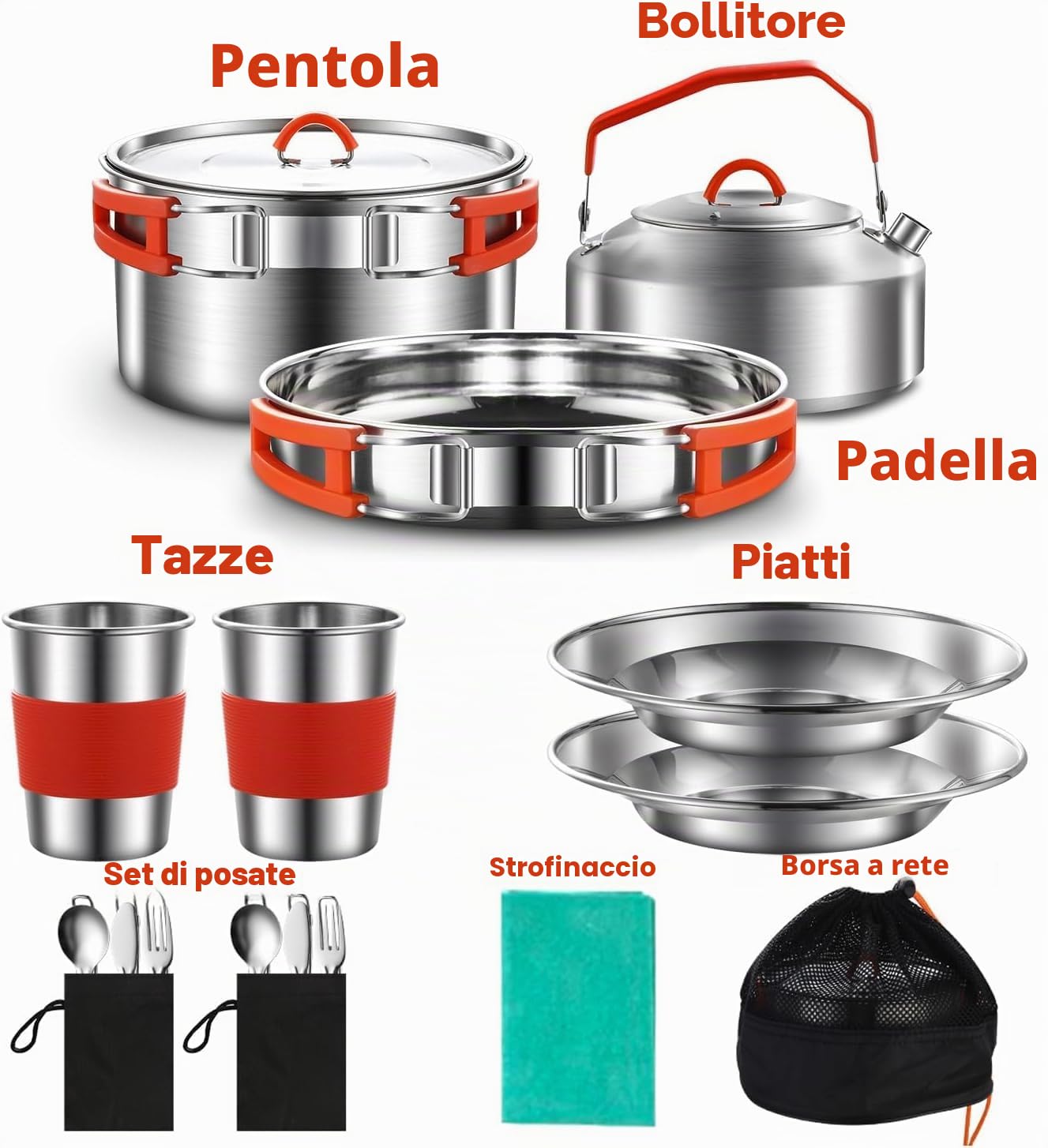 Set di pentole da campeggio, in acciaio inox 304, set di pentole e padella, con bollitore, tazze, piatti, forchette, coltelli, cucchiai per campeggio, attività all'aperto, escursioni, picnic, RVs per