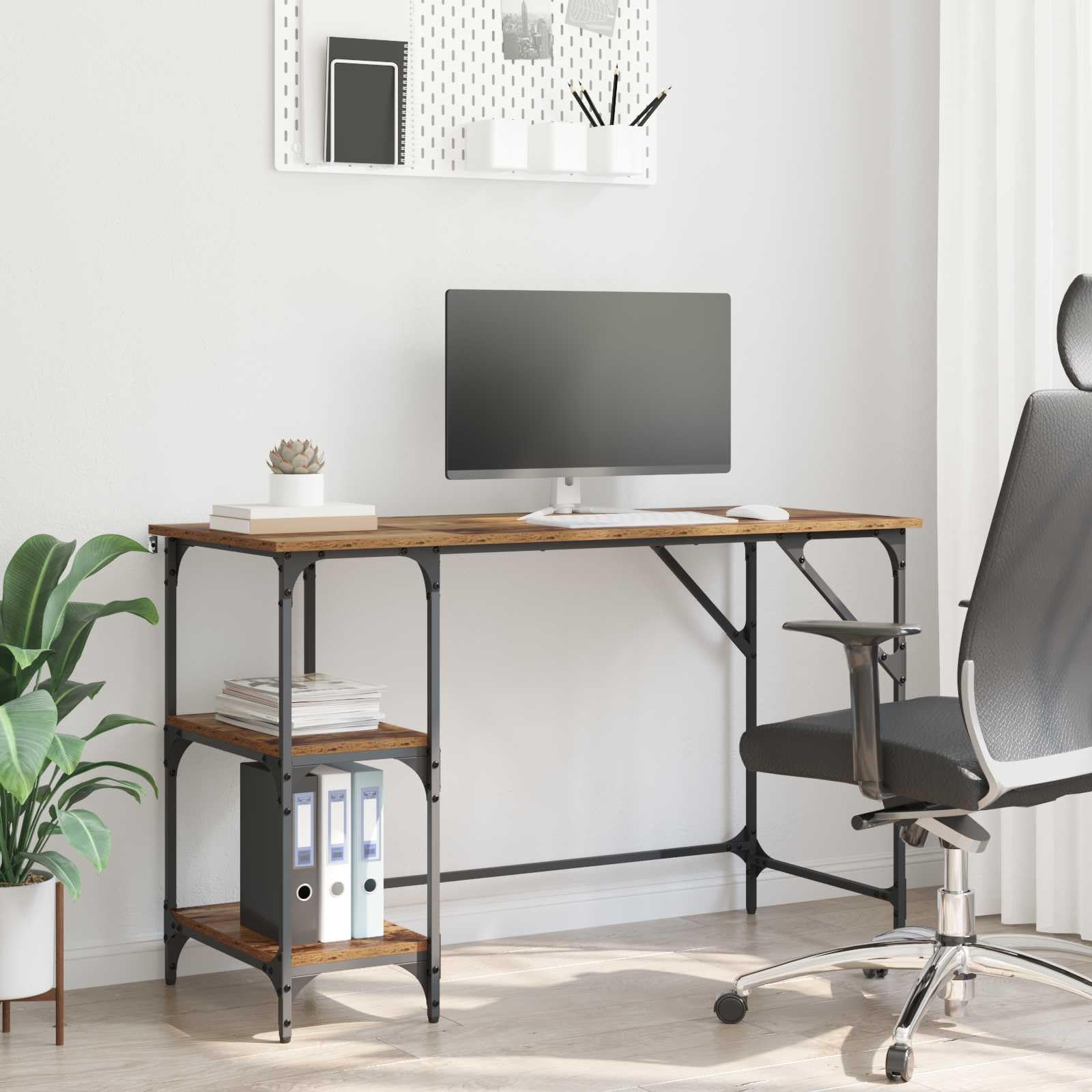 Scrivania Industriale con 3 Ripiani 120x50x75 cm Legno Vecchio | Tavolo da lavoro compatto per studio e casa con robusto telaio metallico e piedini regolabili per la massima stabilità.