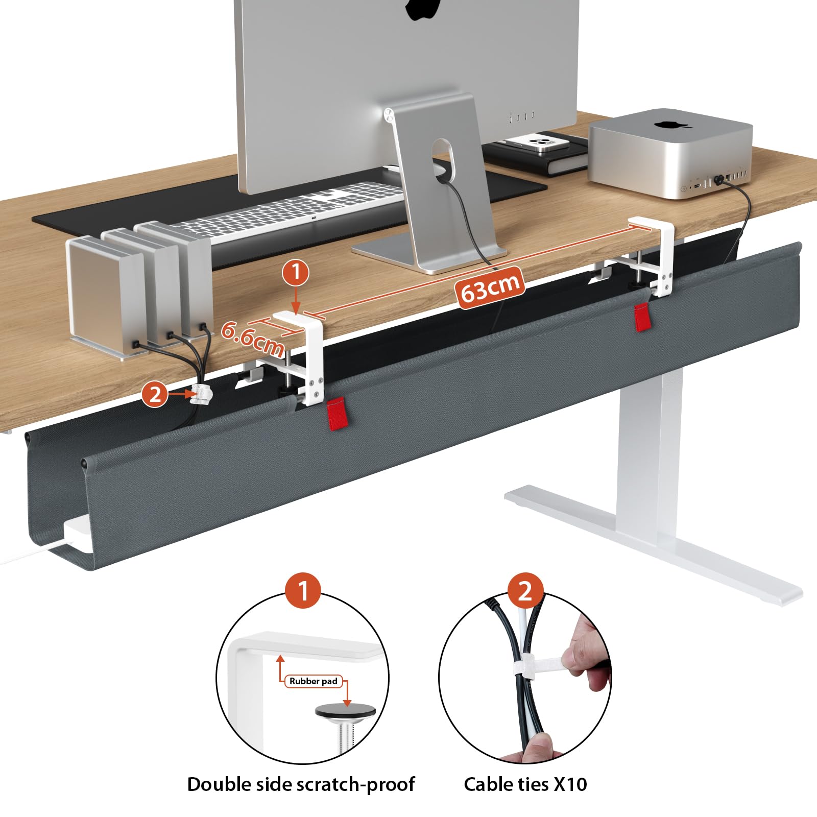 Univivi Kabelkanal Schreibtisch Grau, 120cm Ohne Bohren Kabelmanagement Schreibtisch Fexibel Oganizer, Klemmen/Schraubmontage, Stabiles Wasserfestes Kabeltray für Büro und Zuhause