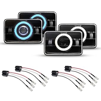 4x6 LED Headlights DOT Approved with Blue Halo DRL+4Pack H4 9003 HB2 Wiring Harness Sockets