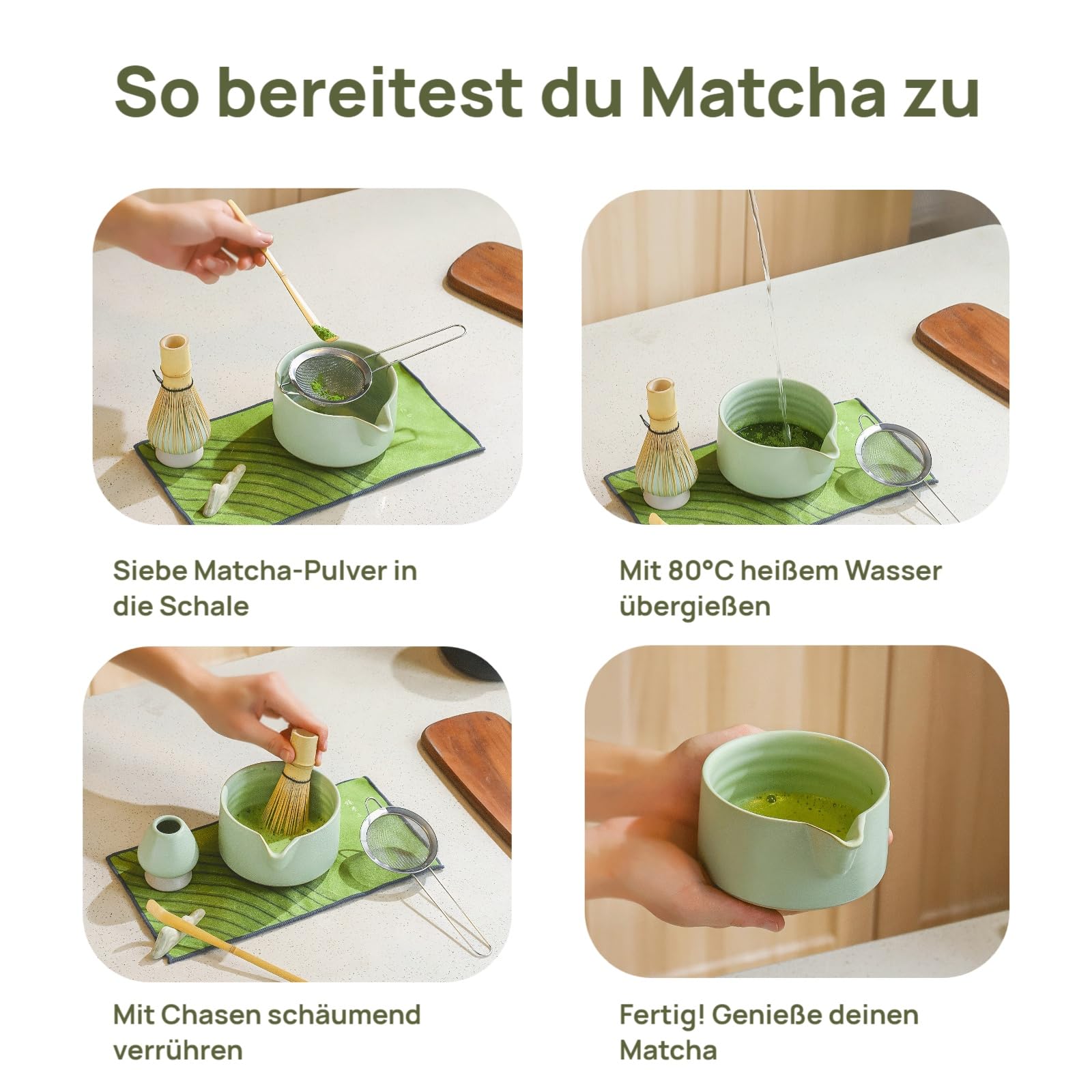 Matcha Set 7-tlg, Hellgrün Matcha Schale aus Keramik mit Matcha Besen aus Bambus und Besenhalter, Sieb, Löffel & Tee-Tuch für Matcha-Zeremonie zu Hause oder als Geschenk