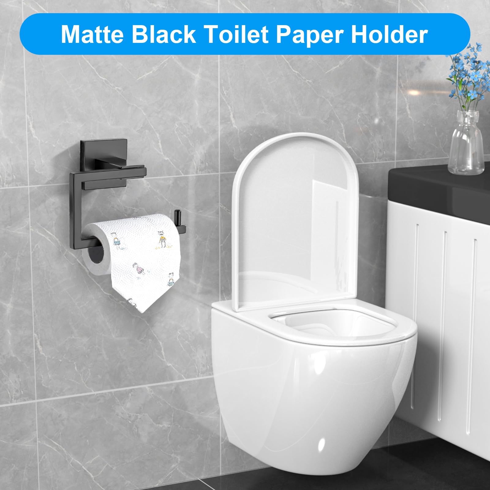YACVCL Matte Black Toilet Paper Holder, Bathroom Toilet Roll Holder, Stainless Steel Modern Square Tissue Roll Holders Wall Mounted for Bathroom Kitchen Washroom
