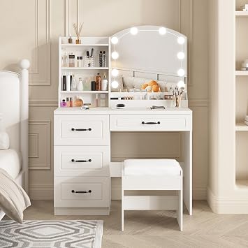 Halitaa White Vanity Desk with Mirror,- Large Makeup Table Set with 4 Drawers Lots Storage ,3 Color Lighting Modes with Adjustable Brightness