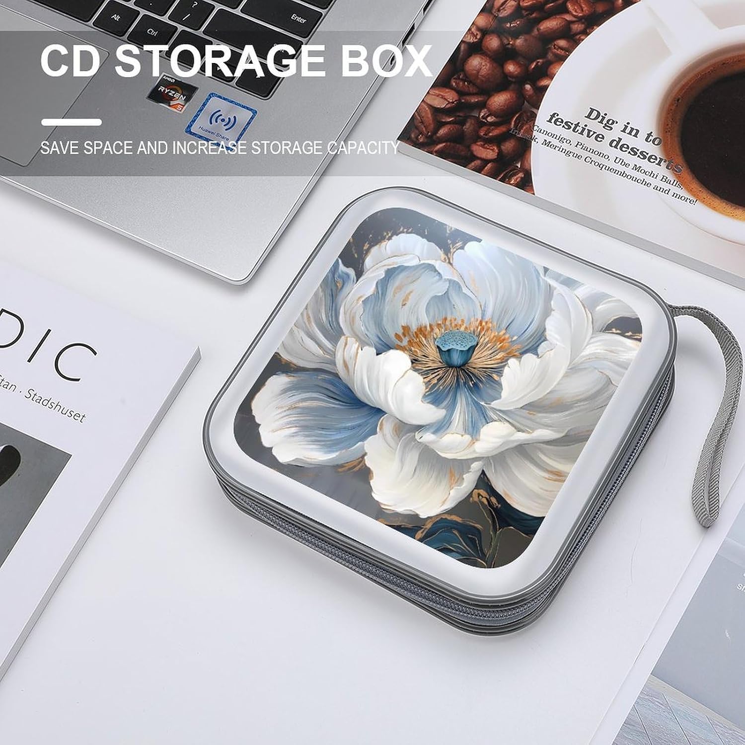 Peony Flower with Golden Lace Protective CD Case Storage Rack 40 Capacity DVD Holder Organizer Car Travel