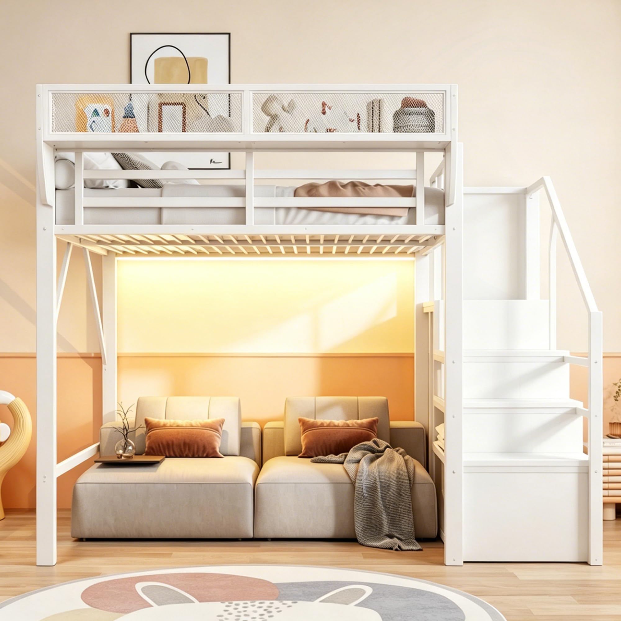 Moimhear Cama alta de hierro, con escalera de seguridad y espacio de almacenamiento flexible, cama de metal, cama para adultos (blanco, 140 x 200 cm)